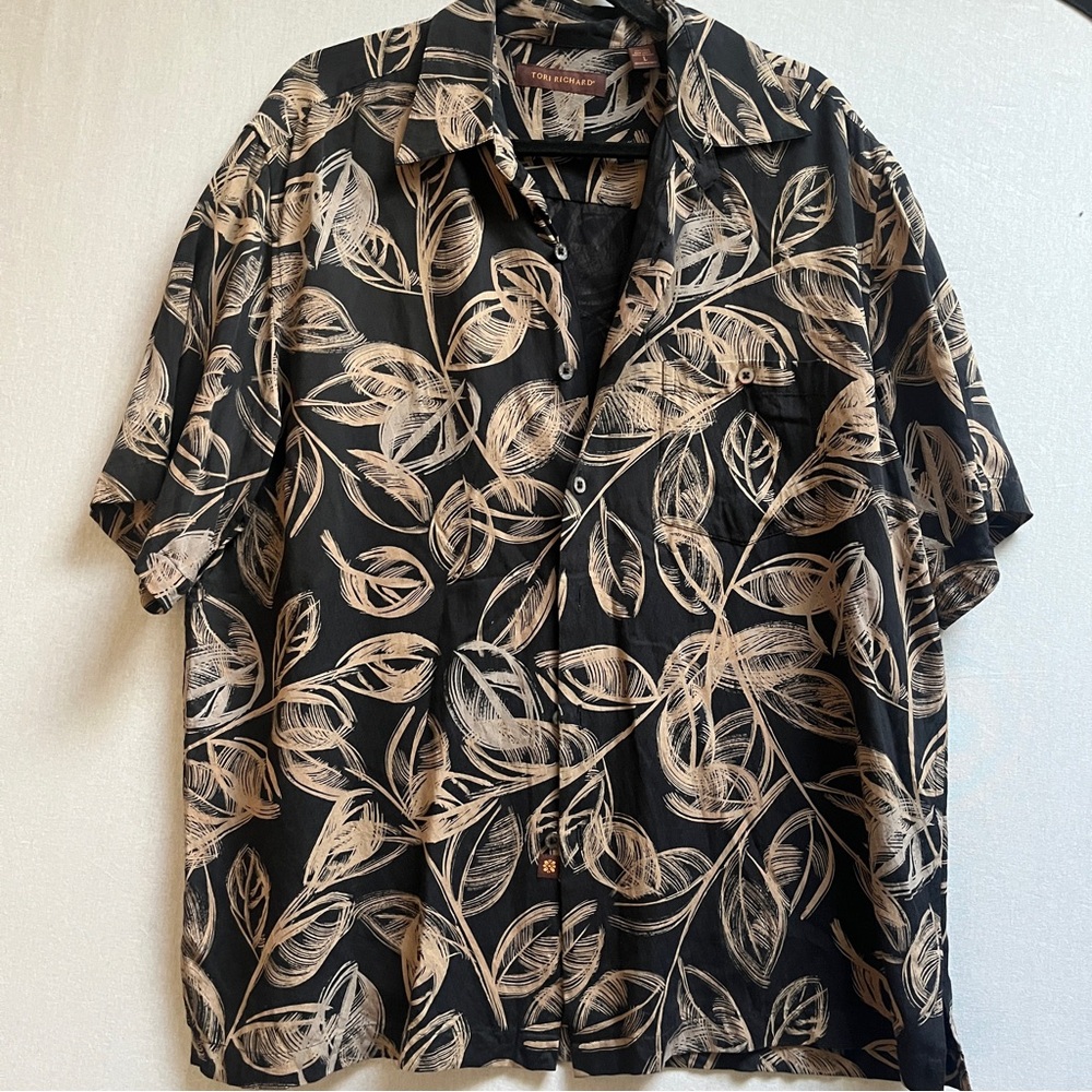 Tori Richard 100% Silk Hawaiian Shirt Black Tan Leaf Print Mens Sz Large